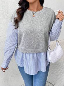 SHEIN CURVE+ 大码女式圆领长袖条纹印花弧形下摆拼布运动衫，秋装，秋季女式衬衫，秋季运动衫，法式领带 100% 纯棉蓝白条纹运动衫