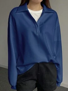 DAZY 女士纯色落肩长袖宽松休闲运动衫，秋冬，长袖上衣，返校服，秋季女装 - 藍色 - 查看 4