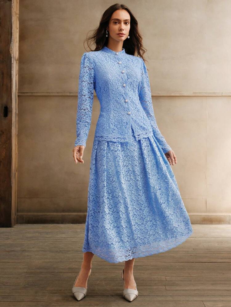 2 Pieces Set: Blue Elegant Lace Waist Ruched Blouse And Skirt For Women