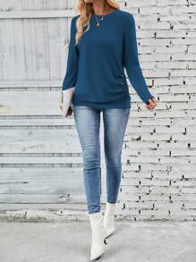 EMERY ROSE Camiseta casual de manga larga con cuello redondo de unicolor para mujer, con botones a los lados y diseño fruncido, para primavera y otoño - Agua verde azul - Ver 6