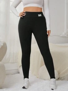 SHEIN EZwear Quần legging co giãn lót nhiệt dày dặn mùa đông cỡ lớn cho nữ có cạp rộng và chữ vá nhiệt - màu đen - Xem 4