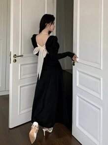 Modelyn Women's Elegant Mid-Length Black Dress With Bowknot Decor & Gigot Sleeve, Autumn & Winter Long Evening Dresses - Multicolor - View 4