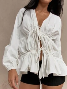 MISSGUIDED 波西米亚风层叠褶饰灯笼袖长袖衬衫蝴蝶结上衣