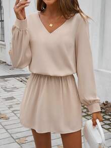 Solid Color Long Sleeve V-Neck Casual Dress - Apricot - View 3