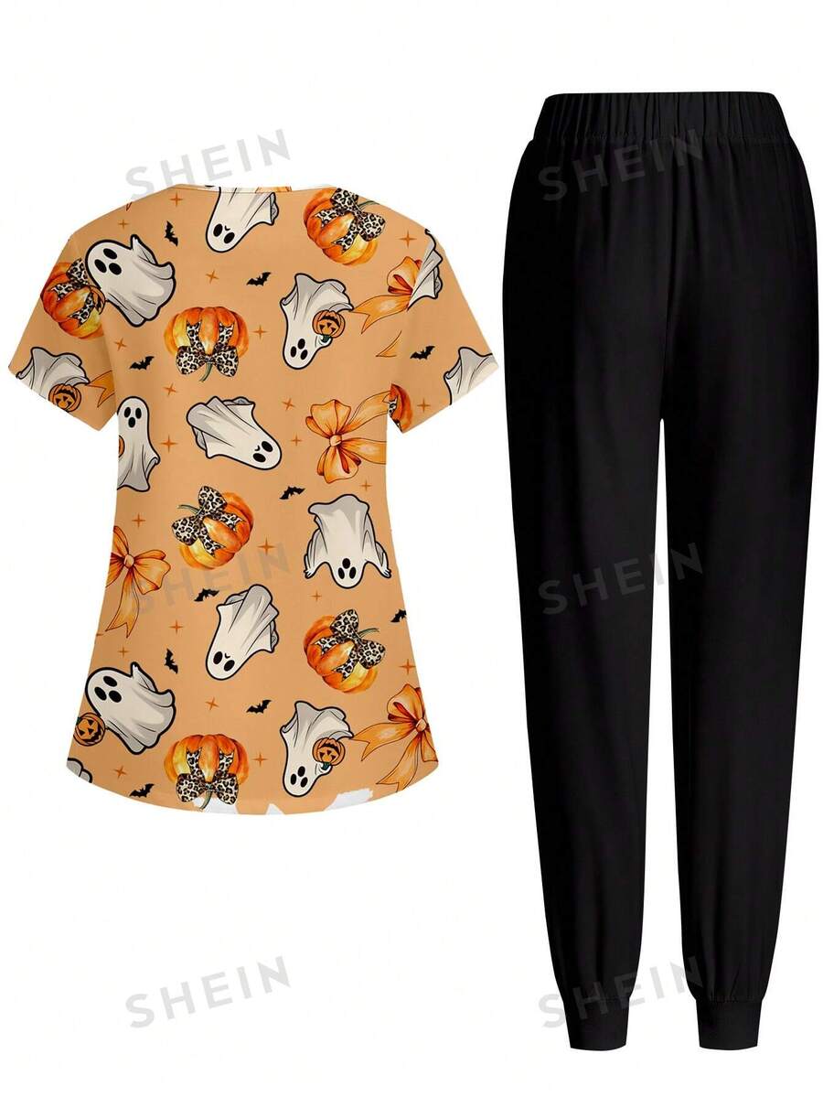 SHEIN TaskFit Halloween Ghost Print Nurse Uniform Set SHEIN EUR