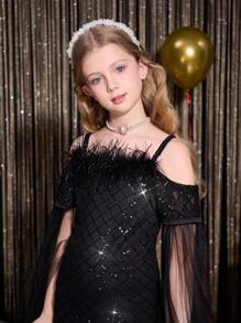 SHEIN 优雅女孩黑色露肩毛皮珠饰连衣裙，适合舞会、派对、万圣节、圣诞节、复活节等节日 - 黑色 - 查看 3