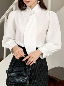 DAZY 女士纯色高领系带袖衬衫