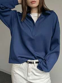 DAZY 女士纯色落肩长袖宽松休闲运动衫，秋冬，长袖上衣，返校服，秋季女装 - 藍色 - 查看 7