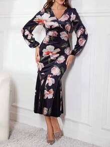 Modelyn Vestido de fiesta largo de manga larga con escote en V de terciopelo, estampado de terciopelo y parches de color sólido, ajuste ceñido y cola de pez, para otoño e invierno - Negro - Ver 5