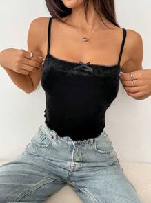 SHEIN EZwear 女士天鹅绒蝴蝶结装饰黑色吊带背心 - 黑色 - 查看 5