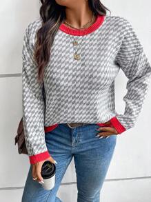 SHEIN LUNE Plus Size damski swobodny sweter w kratę z kontrastowym wykończeniem, jesień/zima, Boże Narodzenie, odzież damska - Wielokolorowe - Zobacz 5