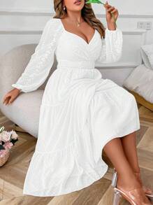 Celure Vestido maxi elegante de gasa bordada con escote de corazón y mangas farol para mujer de talla grande