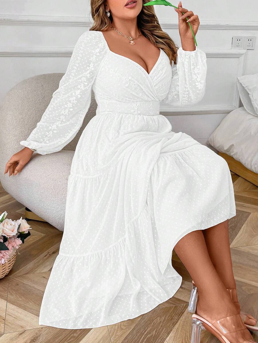 Celure Vestido maxi elegante de gasa bordada con escote de corazón y mangas farol para mujer de talla grande