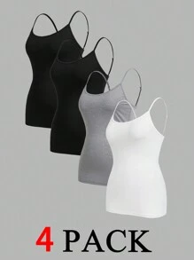 SHEIN Essnce 大码女式吊带背心套装，4 件套，黑色吊带背心、灰色吊带背心、白色吊带背心，多款上衣，女士秋季服装，女士连衣裙，女士套装上衣 - 彩色 - 查看 3