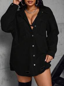 SHEIN SXY 大码无弹力时尚休闲牛仔夹克，秋装 - 黑色 - 查看 4