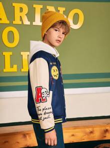 SHEIN Explorewe Tween Boy Contrast Color Letter & Smiling Face Graphic Baseball Jacket - Multicolor - View 3