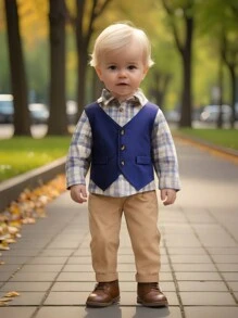 3pcs Baby Boys Plaid Shirt,Navy Vest And Khaki Pants Gentleman Suit Set,Cute Family Matching Outfit For Summer Photography,Party,Wedding,Beige - Multicolor - View 7