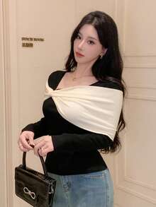 DAZY 女款撞色修身蝴蝶結裝飾長袖針織衫，秋冬款 - 黑色 - 查看 10