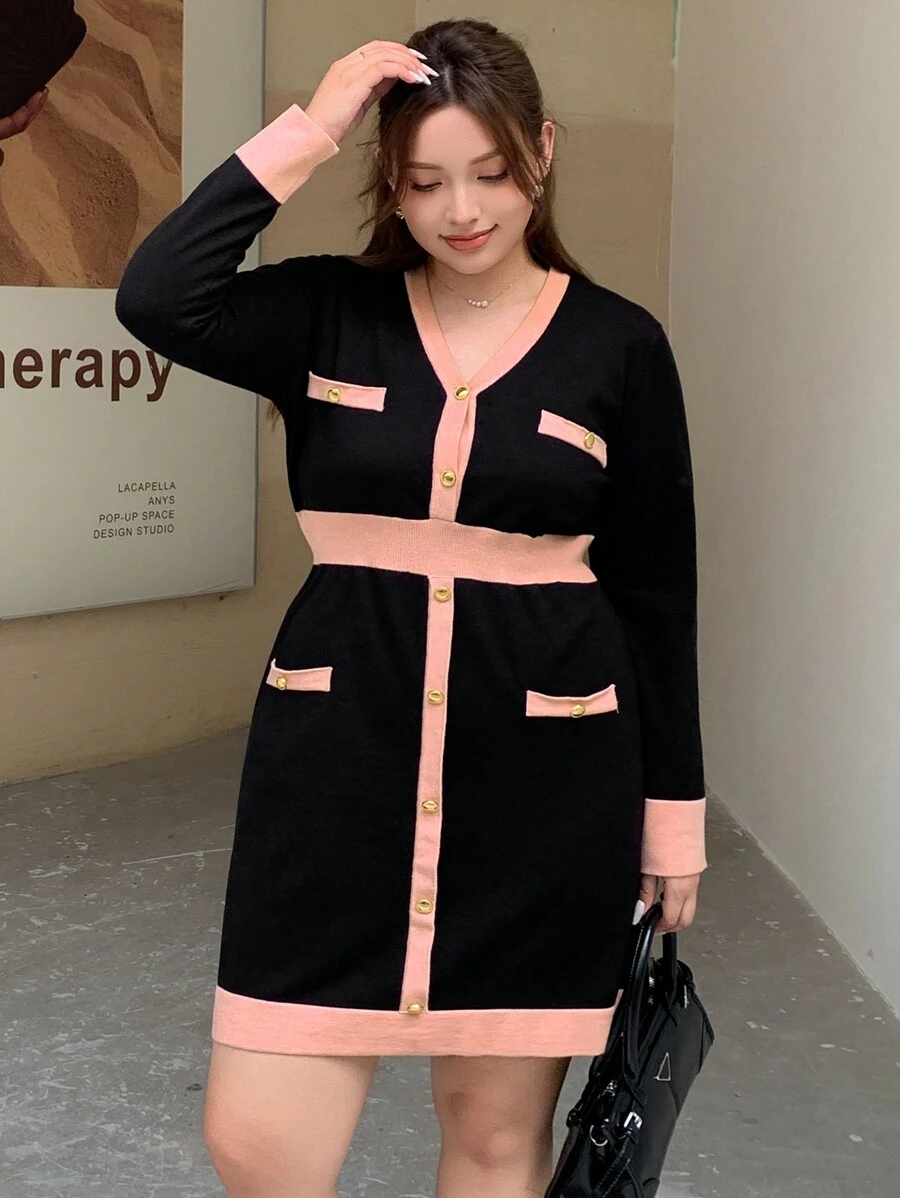 Dazy Petite Plus Plus Size Colorblock V-Neck Elegant Long Sleeve Knitted Sweater Dress,Fall Clothes