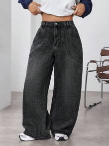 SHEIN EZwear Quần Jeans Ống Rộng Rộng Thường Ngày Cho Nữ Cỡ Lớn - màu đen - Xem 1