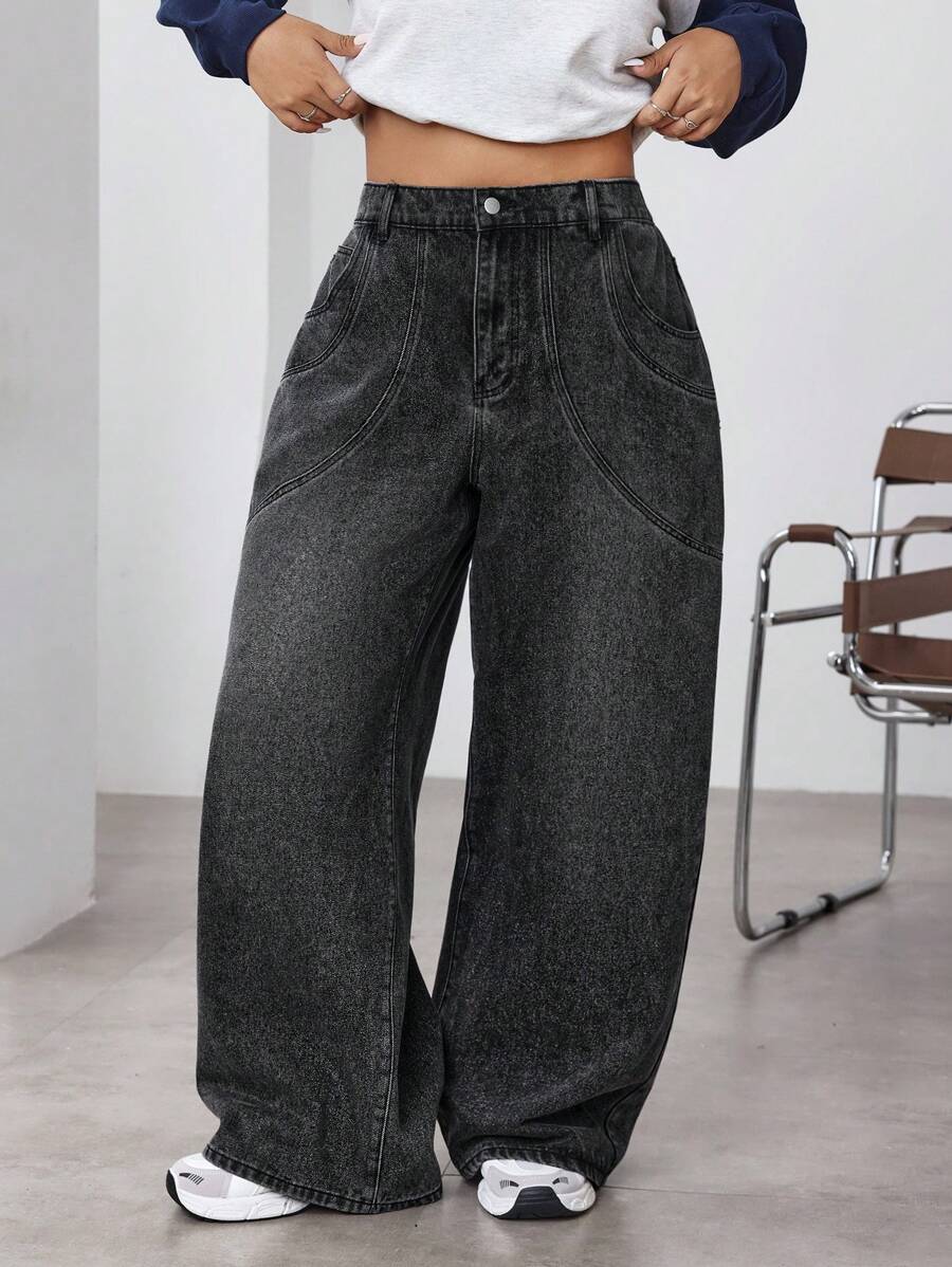 SHEIN EZwear Quần Jeans Ống Rộng Rộng Thường Ngày Cho Nữ Cỡ Lớn - màu đen - Xem 1