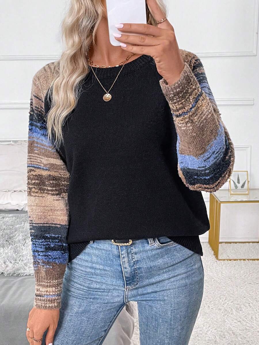 SHEIN LUNE Women's Loose Round Neck Striped Raglan Sleeve Casual Knit Sweater, Autumn/Winter, Knit Pullover Fall - Black - View 1