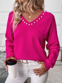 SHEIN Clasi Jersey de punto con escote en V y adorno de perlas de imitación, para mujer, otoño/invierno