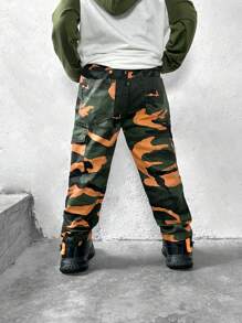 Young Boy Retro Neon Camo Casual Comfortable Washed Denim Jeans, Street Fashion Denim Pants - Army Green - View 2
