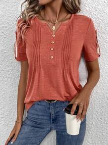 SHEIN LUNE V-Ausschnitt Knopfverschluss Lässig Regular Kurzarm T-Shirt - Rot - Übersicht 6