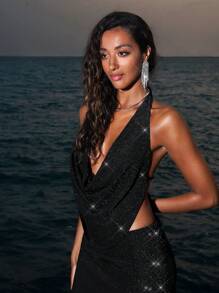 Opulessa Váy dệt kim màu trơn cổ chữ V sâu hở lưng cho nữ - màu đen - Xem 4