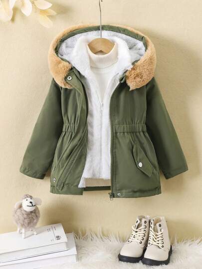 Zimowa, swobodna, młodzieżowa kurtka typu parka 2 w 1 z tkaniny tkanej + podszewka z futra w blokach kolorów, z kapturem i ściągaczem w pasie