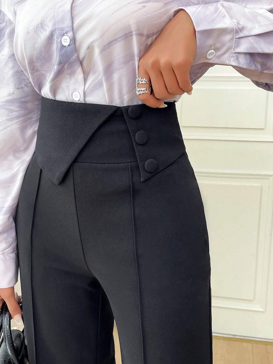 Modelyn Women's Solid Color High-Waist Button Design Straight Leg Office Pants In Fall/Winter