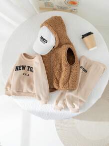 SHEIN Leap Crew Bộ 3 món/Bộ áo nỉ in chữ kaki dễ thương cho bé gái, quần dài và áo vest ấm áp mềm mại, mùa thu/đông - Màu Khaki - Xem 4