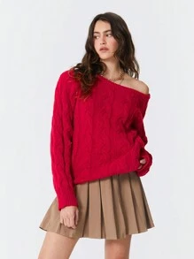Easelle 女式不对称领长袖休闲红色套头毛衣，秋冬 - 紅色 - 查看 1