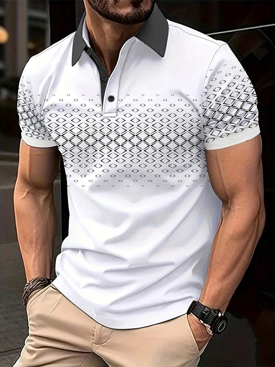 Manfinity Dauomo 男式撞色拼接前扣休闲短袖印花 Polo 衫 - 彩色 - 查看 1