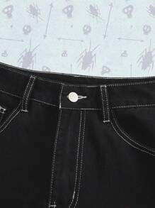 Beetlejuice | ROMWE 女士休闲深色街头时尚卡通字母印花宽腿男友风牛仔裤 - 黑色 - 查看 4