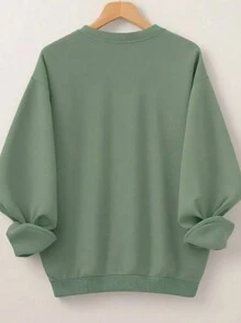 SHEIN CURVE+ Plus Size Women's Heart-Shaped Printed Round Neck Sweatshirt , Graduation, Teachers For Women, Back To School Pullover Fall Winter Autumn - Olive Green - View 2