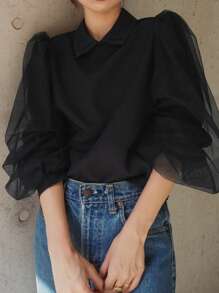 FRIFUL Women's Spring And Summer Solid Color Collared Loose Contrast Mesh Black Blouse,Long Sleeve Tops,Fall Women Clothes