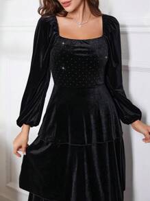 Modelyn 女士复古方领长袖水钻天鹅绒 A 字裙，初秋长款晚礼服 - 黑色 - 查看 6