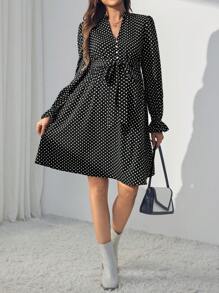 SHEIN Maternity Polka Dot Print Flare Sleeve Belted Dress - Black - View 4