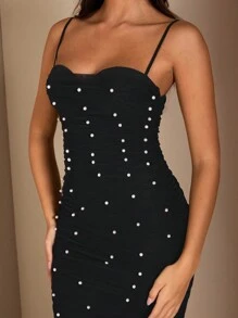 SHEIN BAE 女式无袖修身长裙，带串珠胸部细节，颜色，夏季