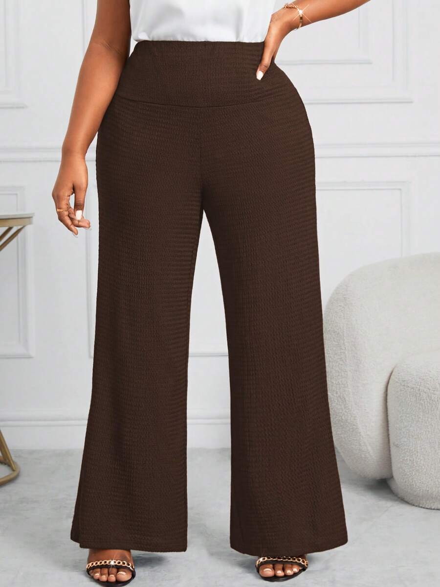 SHEIN Lady 加大码优雅休闲通勤裤采用机制面料制成，适合运动和瑜伽运动裤秋季服装正装裤 - 棕色 - 查看 1