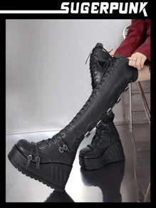 Sugerpunk 女士朋克风厚底过膝长靴，适合春季、春假、复活节和圣诞节穿着。 - 黑色 - 查看 6