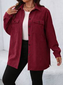 SHEIN LUNE Plus Size Casual Button Up Long Sleeve Jacket, Autumn Winter Fall - Burgundy - View 3