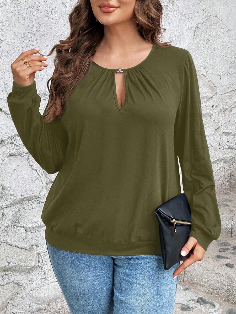 SHEIN LUNE 秋季大码休闲连帽长袖运动衫 - 軍綠色 - 查看 1