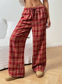 CovetEZ Women's Belted Plaid Straight Leg Loose Casual Pants - Red - View 4