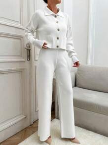 SHEIN Tall 高腰两件套服装，含开衫和针织裤，休闲装，纯色，适合冬季 - 杏色 - 查看 6