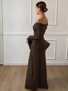 DAZY Vestido largo de manga larga con hombros descubiertos y unicolor que estiliza la figura, vestido de ropa de otoño - Marrón - Ver 8