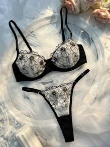 2 piezas Conjunto de lencería de la serie Rosa Negra para mujeres