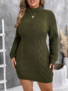 EMERY ROSE Plus Size Turtleneck Long Sleeve Cable Knit Sweater Dress - Army Green - View 6